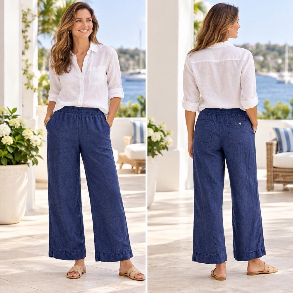 Lilly Pulitzer Deri Linen Palazzo Pants M True Navy Wide Leg Coastal Resort